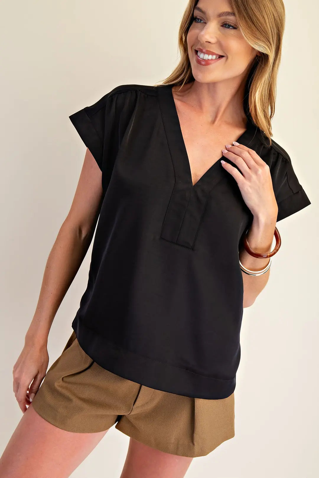 V Neck Placket Shirring Top