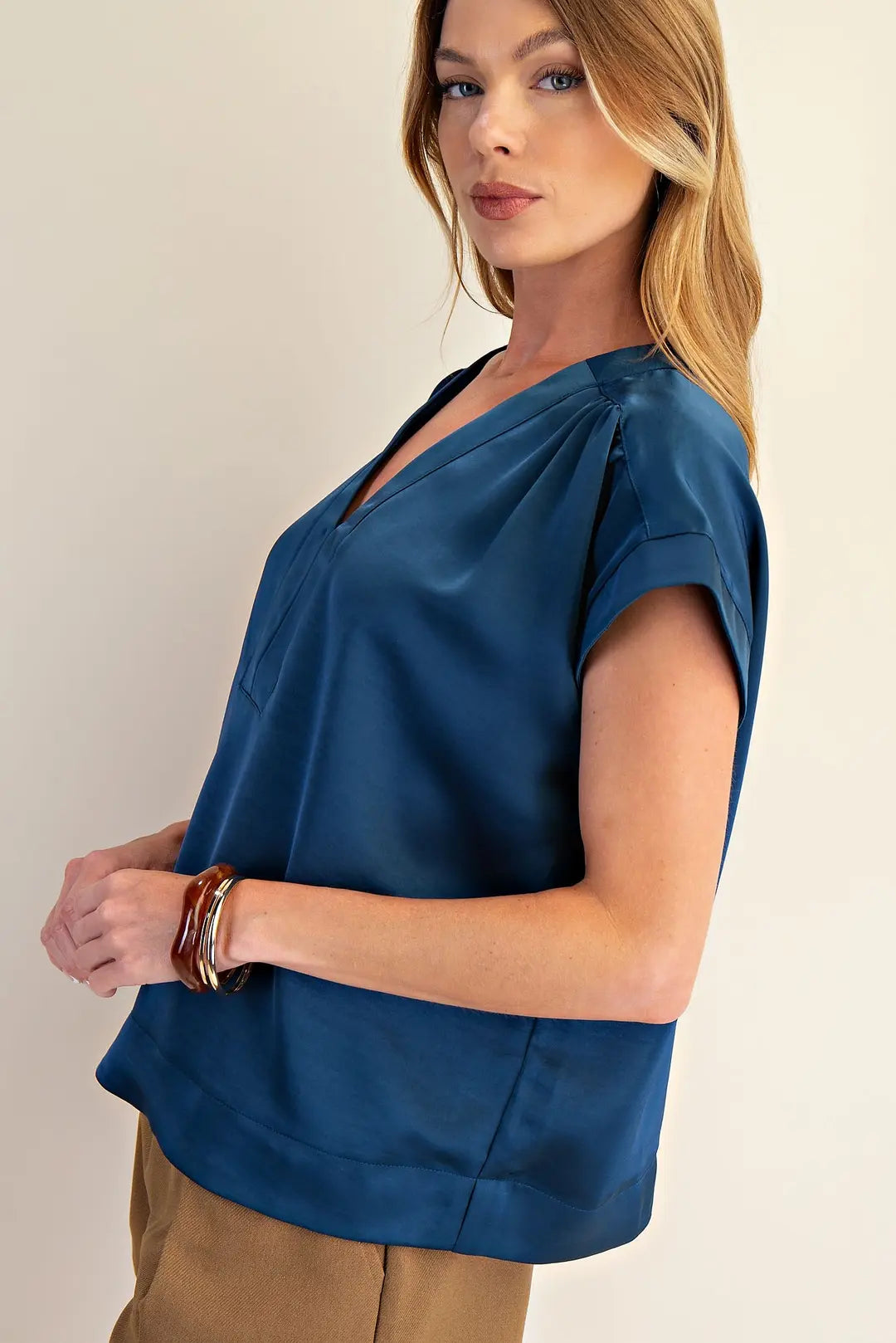V Neck Placket Shirring Top