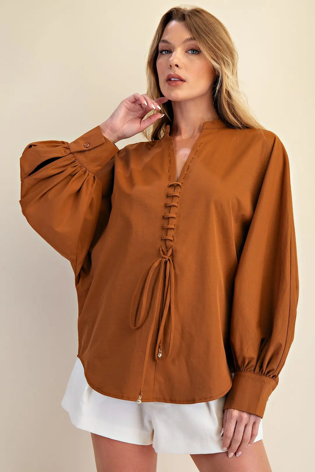 Front Lace Up Long Sleeve Top