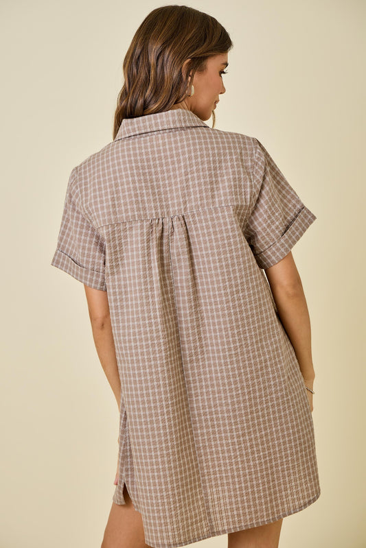 Short Sleeve Plaid Seersucker Dress