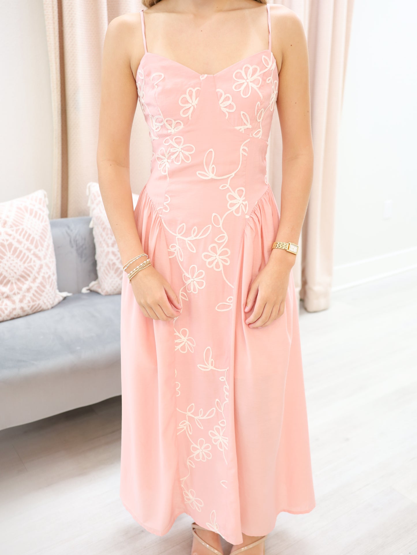 Embroidered Floral Strap Midi Dress