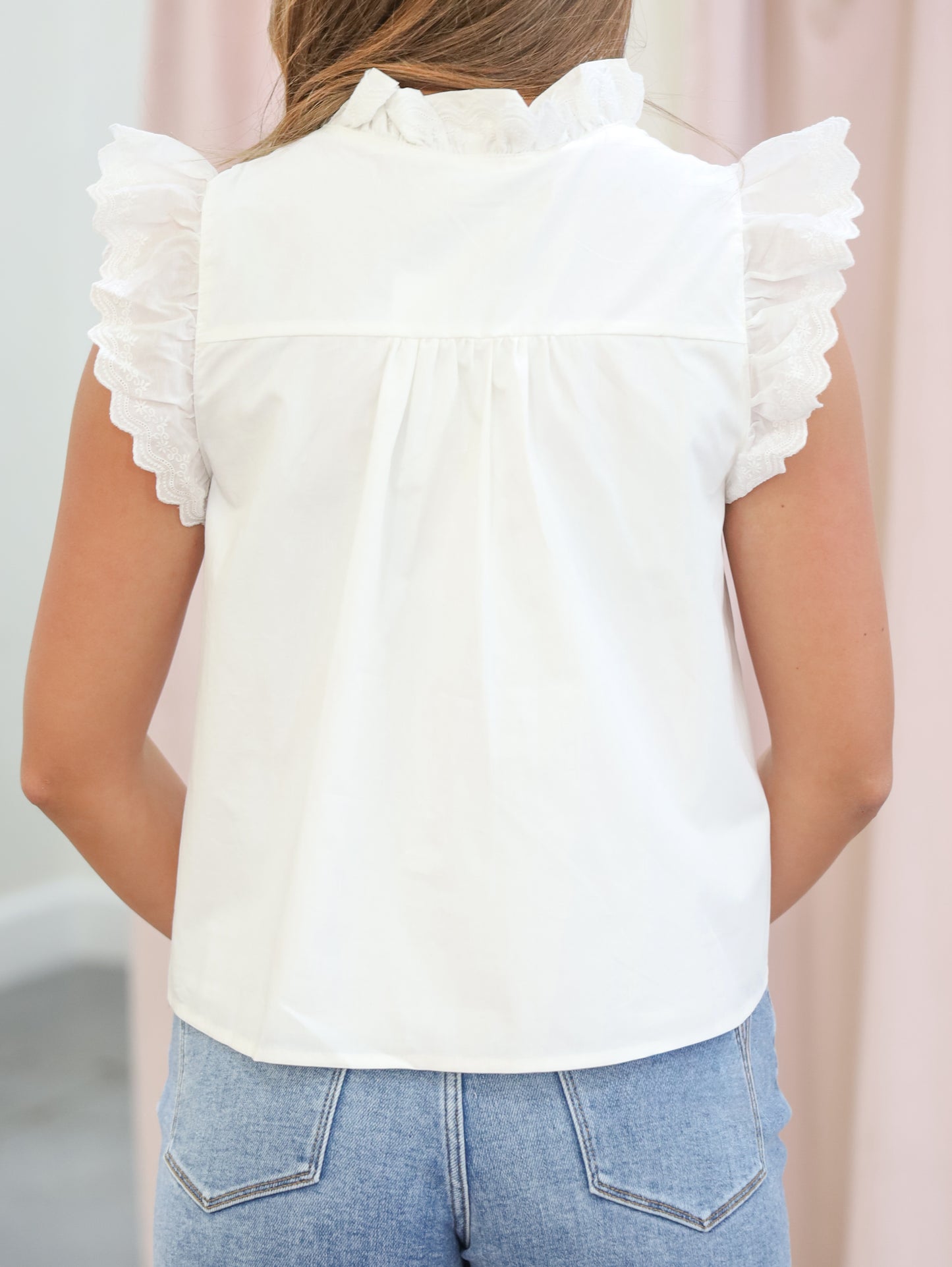 Shiloh Lace Trim Ruffled Button Down Top
