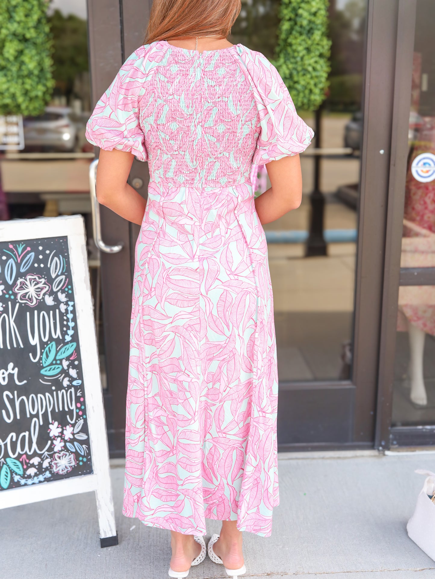 Lainey Tropical Print Puff Sleeve Midi Dress