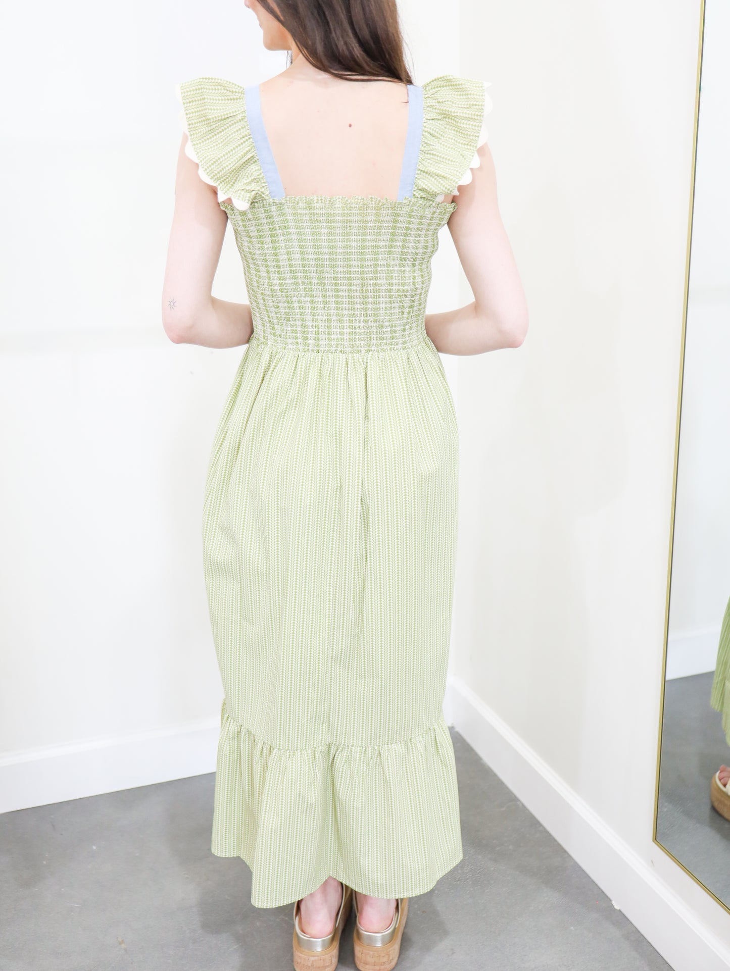 Smocked Tiered Striped Midi Dress