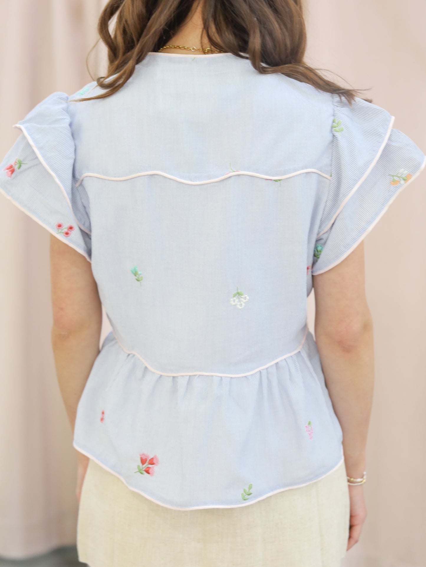 Bianca Embroidered Peplum Top With Contrast Piping