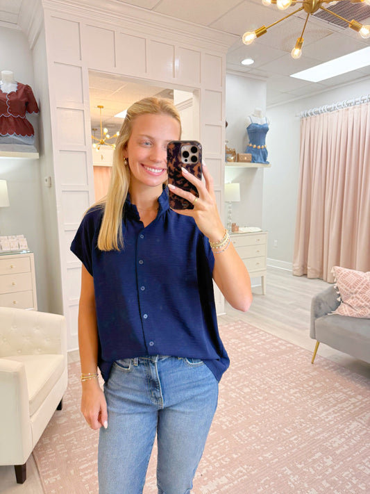button up top, collared top, tops, blouse, navy top