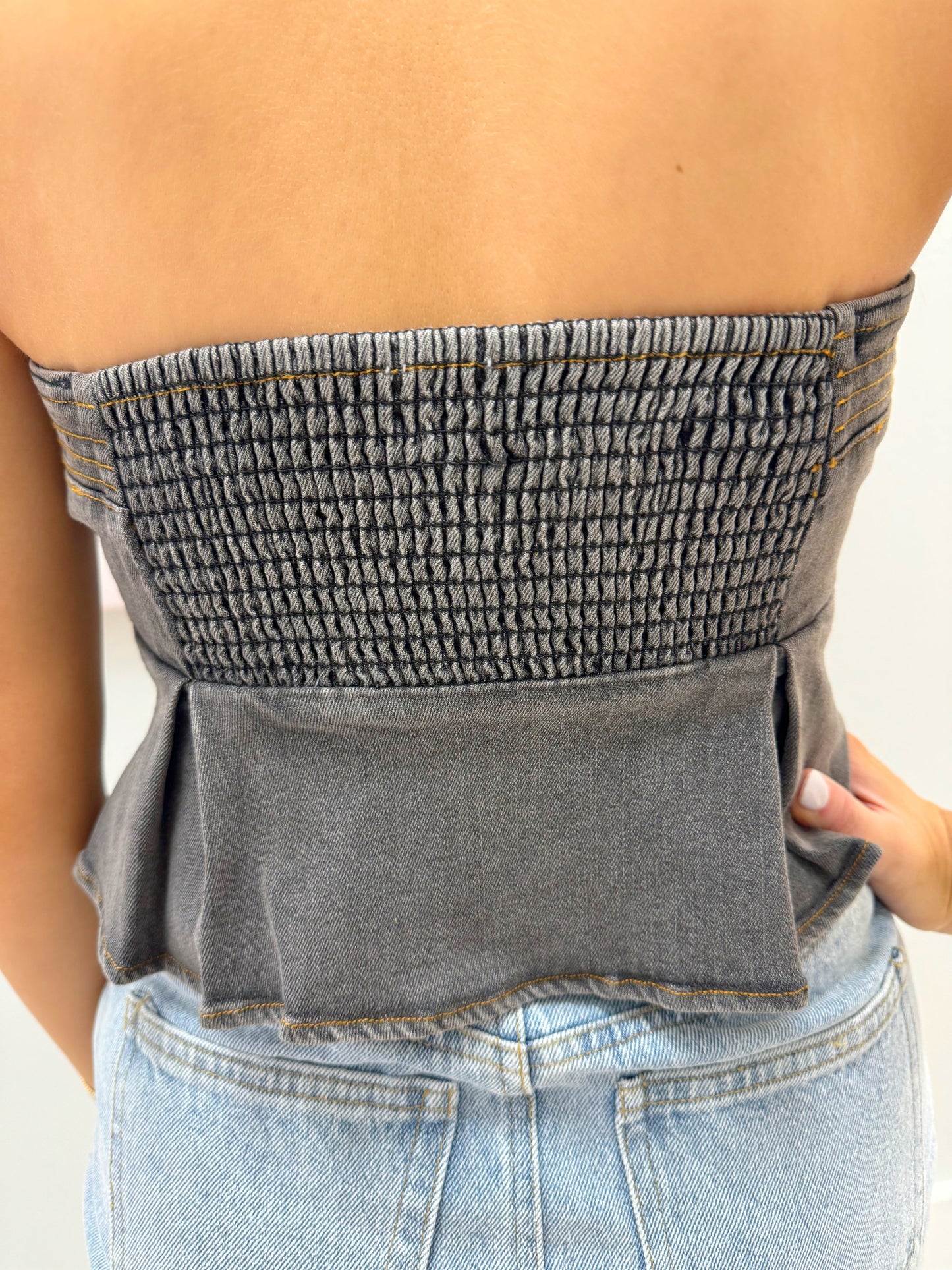 Women's tops, strapless tops, boots on the bayou tops, denim tops, flattering top, strapless denim top, women's strapless denim top, button down strapless denim top, women's flared out top