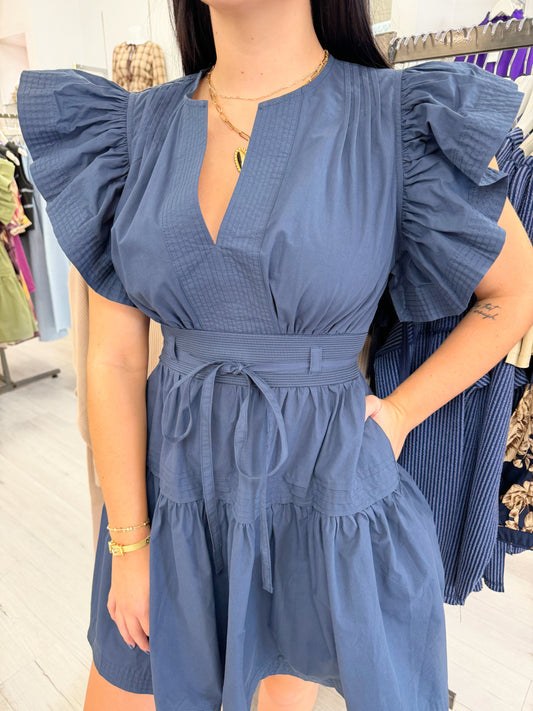 flutter sleeve dress, tiered dress, navy dress, olive dress, mini dress, woman's dress, sleeveless dress, v-neck dress, classy dress, boutique dress, strut and bolt dress