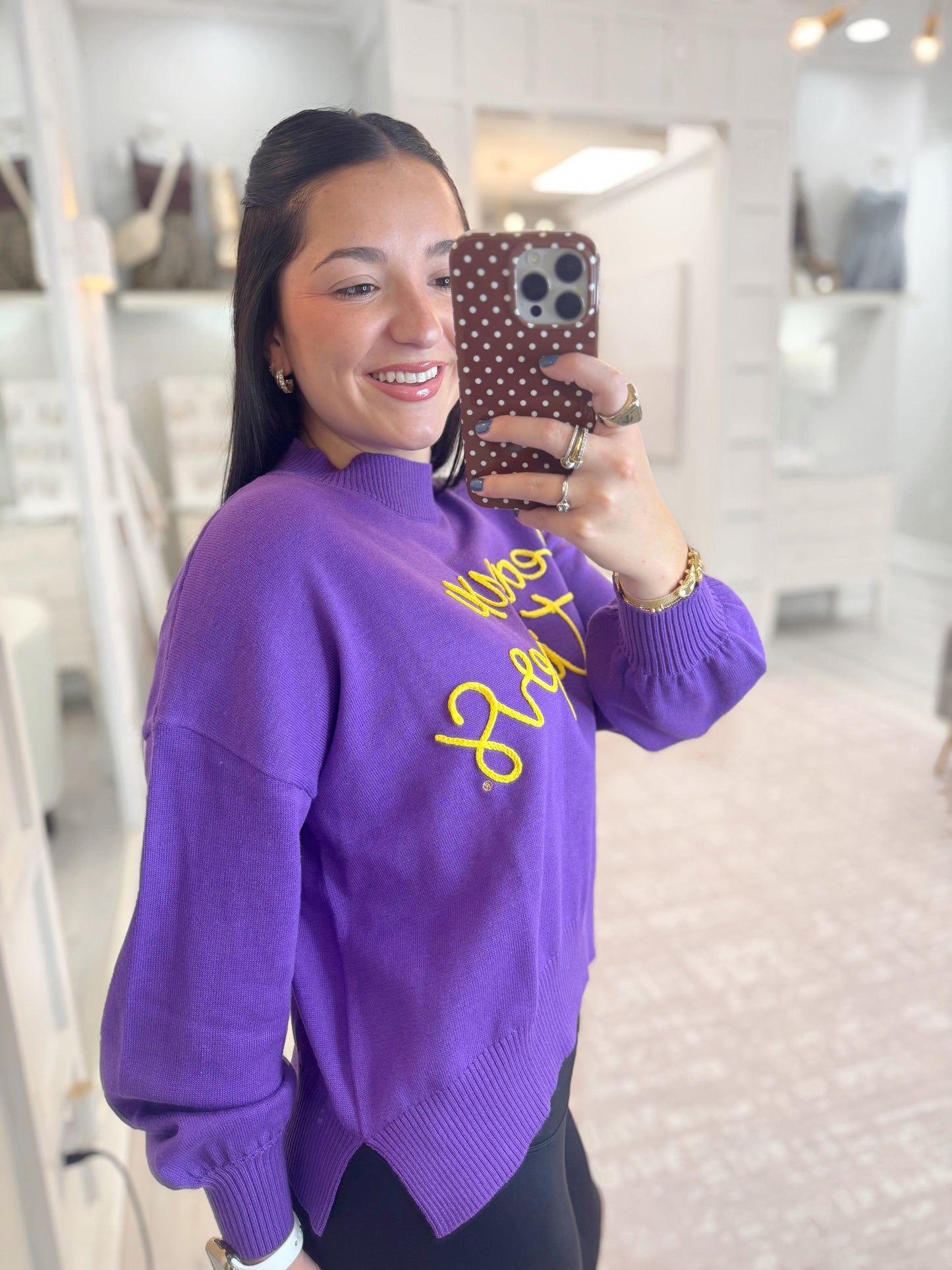 LSU sweater, game day sweater, long sleeve sweater, comfy sweater, embroidered sweater, geaux tigers sweater, purple sweater, purple long sleeve sweater, woman's sweater, long sleeve game day sweater
