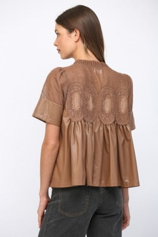 Lillian Lace Overlay Faux Leather Babydoll Top