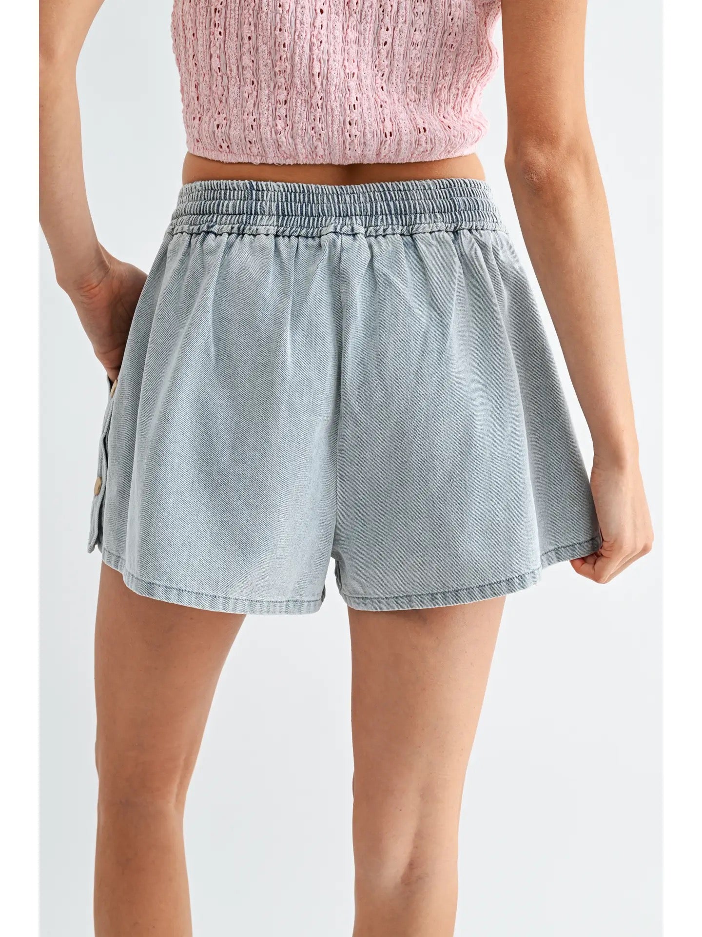 Meadow Side Button Denim Drawstring Shorts