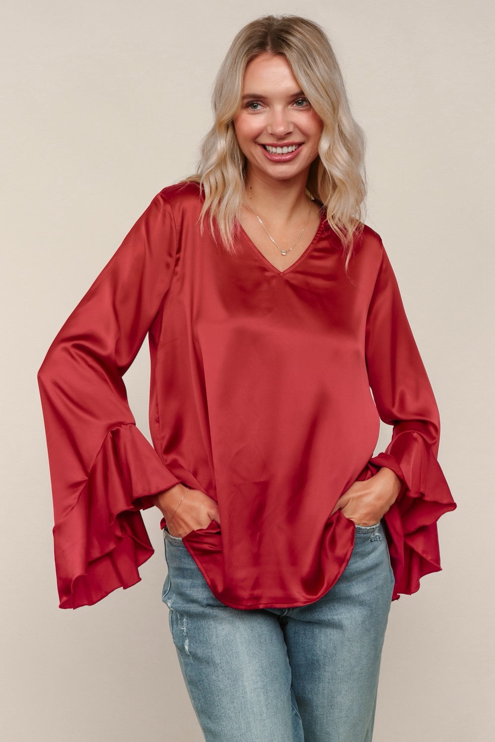Satin Ruffle Sleeve Top