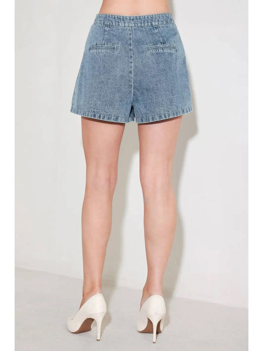 Side Button Washed Denim Skort