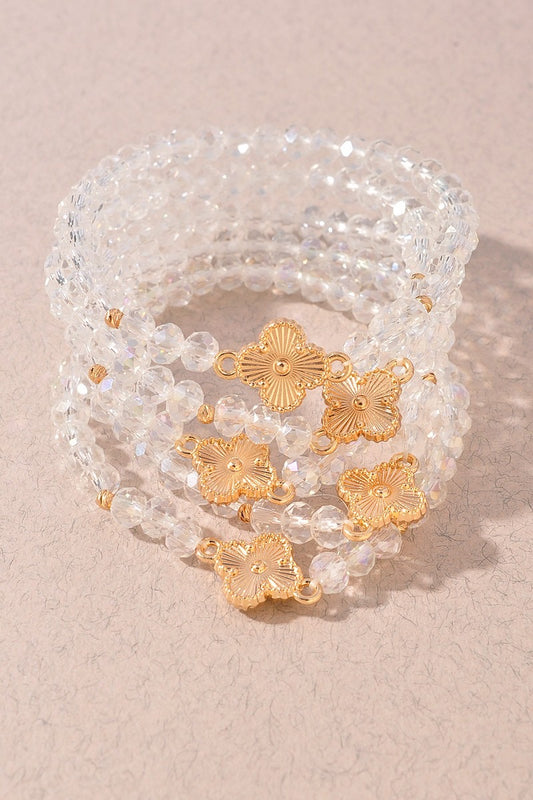 Clover Charm Crystal Bead Stretch Bracelet Set