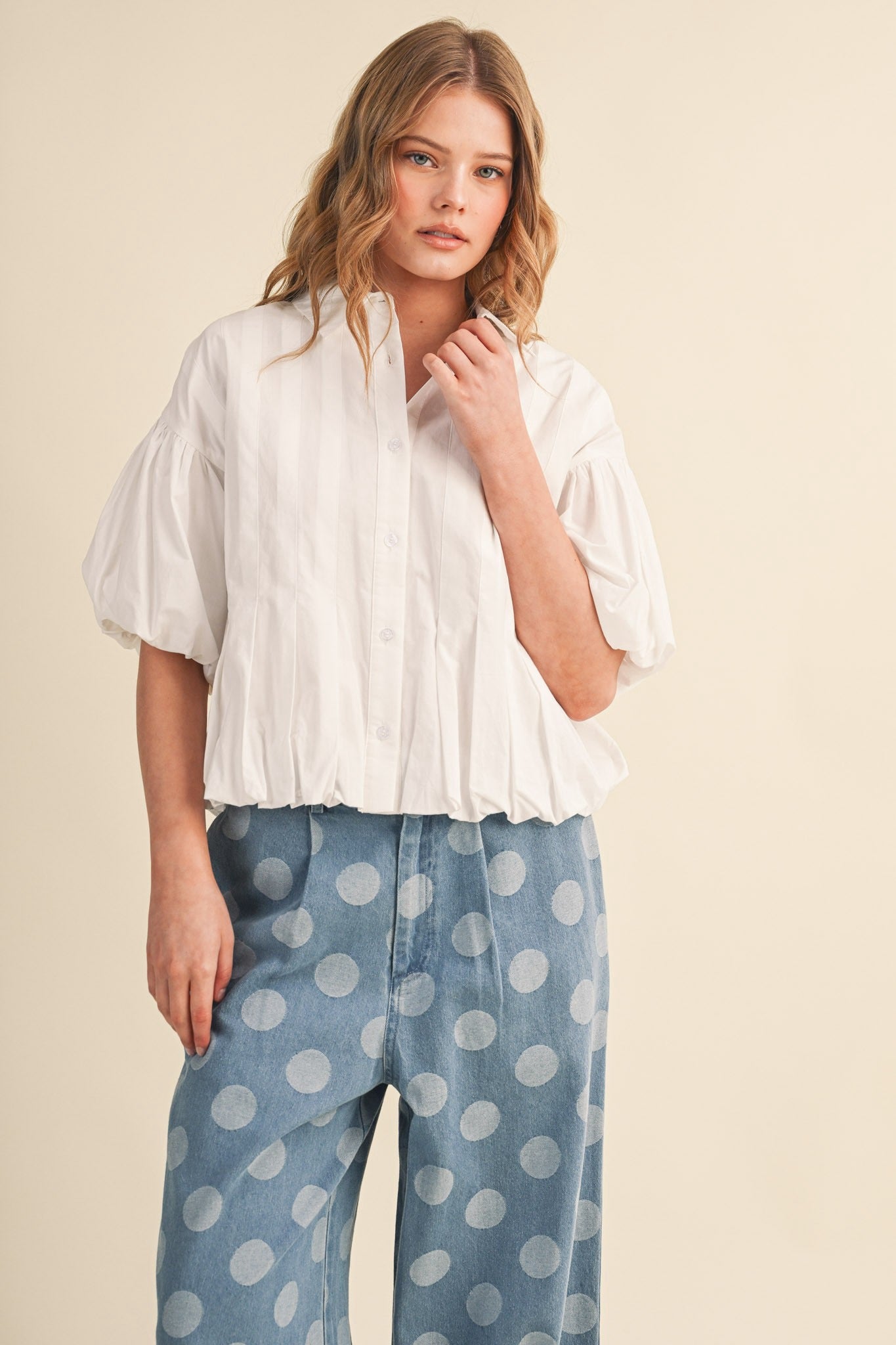 Lola Pleated Puff Sleeve Bubble Hem Top