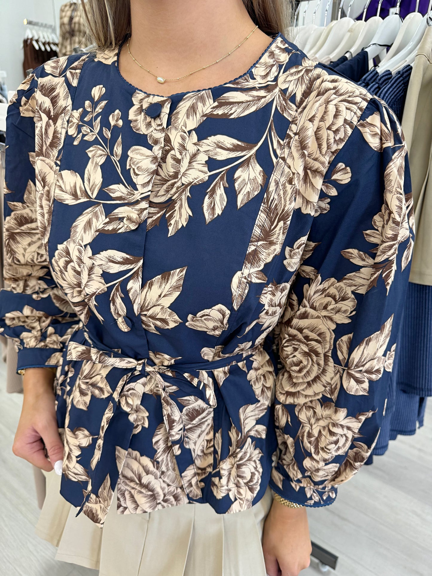Dressy blouse, women's blouse, classy blouse, printed blouse, navy top, long sleeve top, work top, dressy top