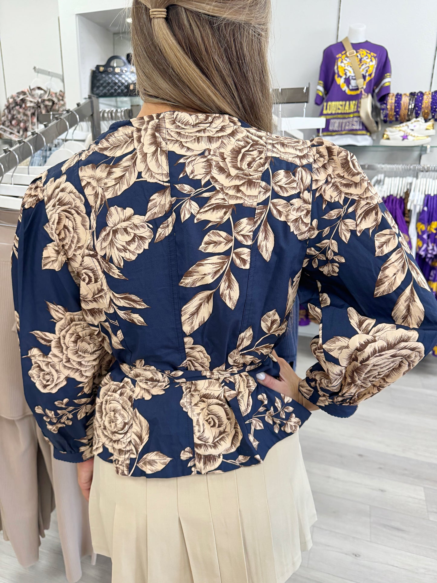 Dressy blouse, women's blouse, classy blouse, printed blouse, navy top, long sleeve top, work top, dressy top
