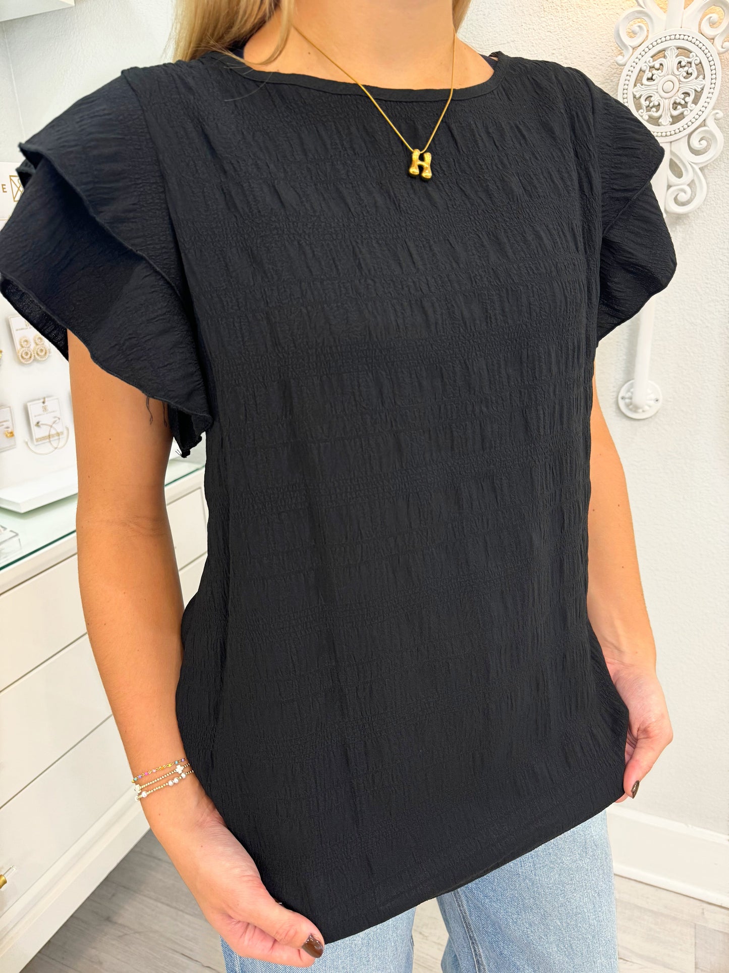 ruffle sleeve top, basic top, work top, black top, black dressy top, black textured top, boutique top, women's boutique top