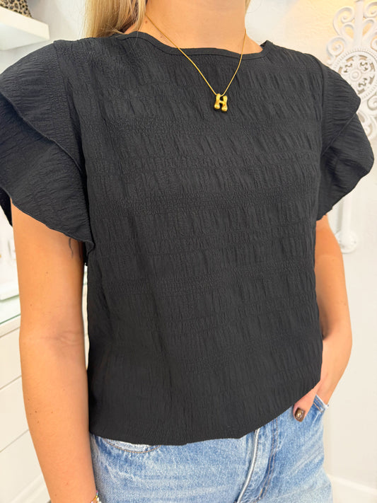 ruffle sleeve top, basic top, work top, black top, black dressy top, black textured top, boutique top, women's boutique top