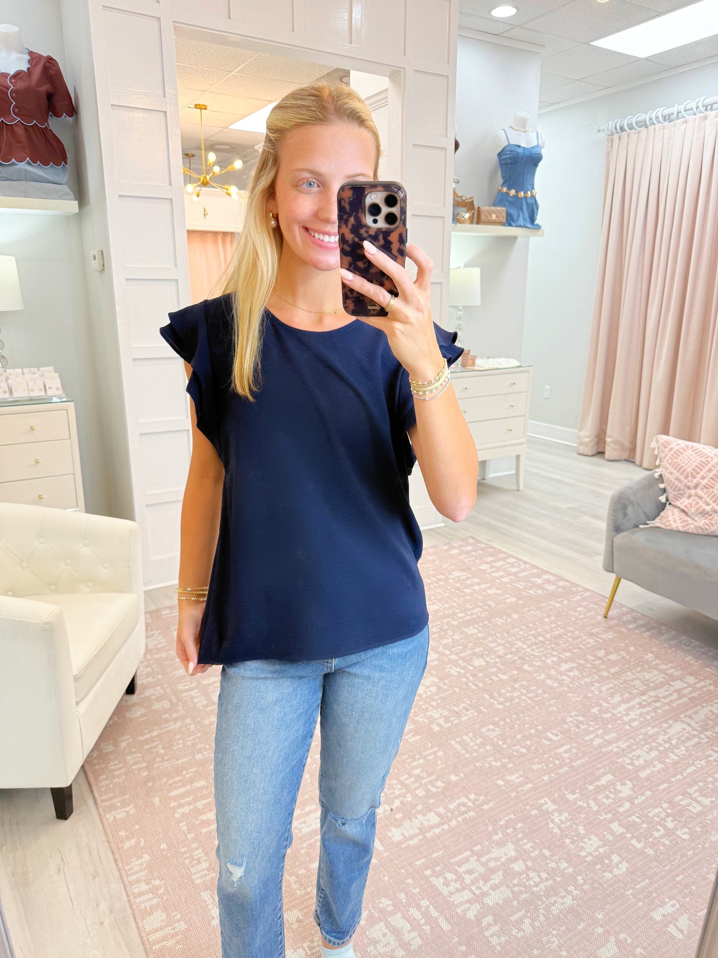ruffle sleeve, blouse, navy to, ruffle sleeve top