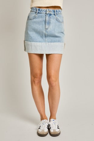 High Rise Denim Cuffed Skirt