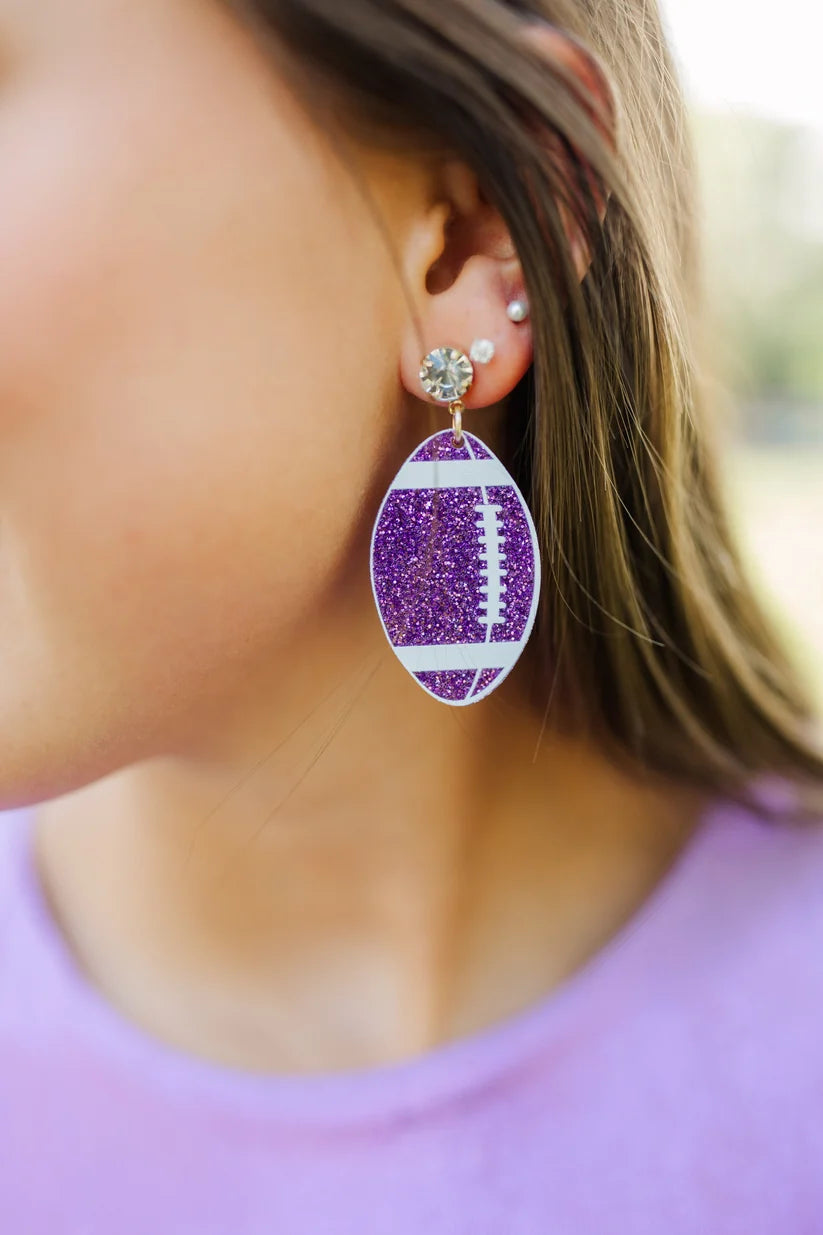 Purple & White Acrylic Glitter Football Earrings