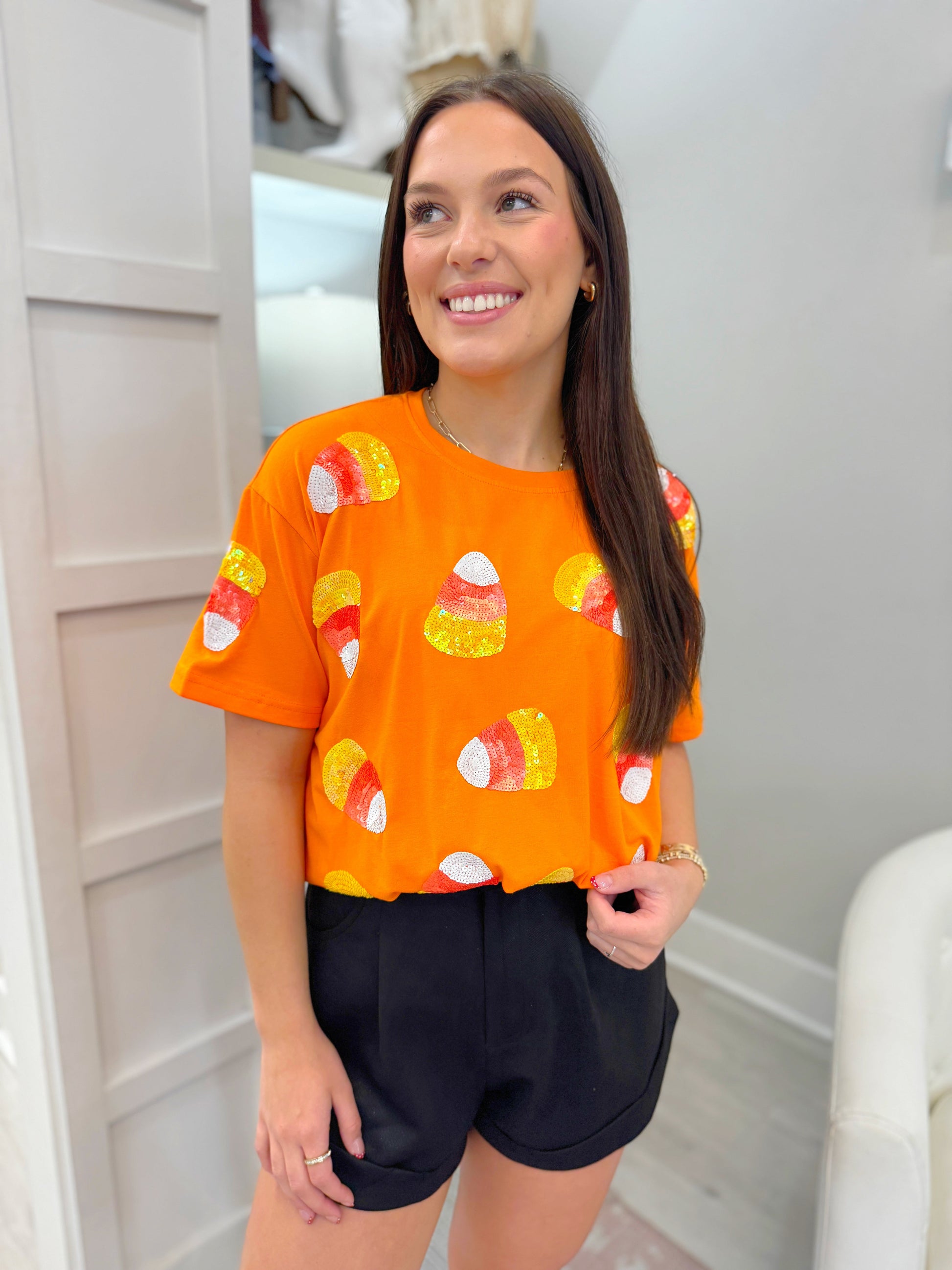 halloween tee, candy corn tee, sequin tee, sequin halloween tee