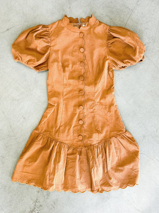 Puff Sleeve Scalloped Detail Dress