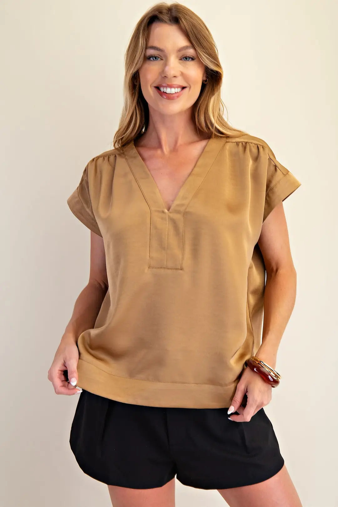 V Neck Placket Shirring Top