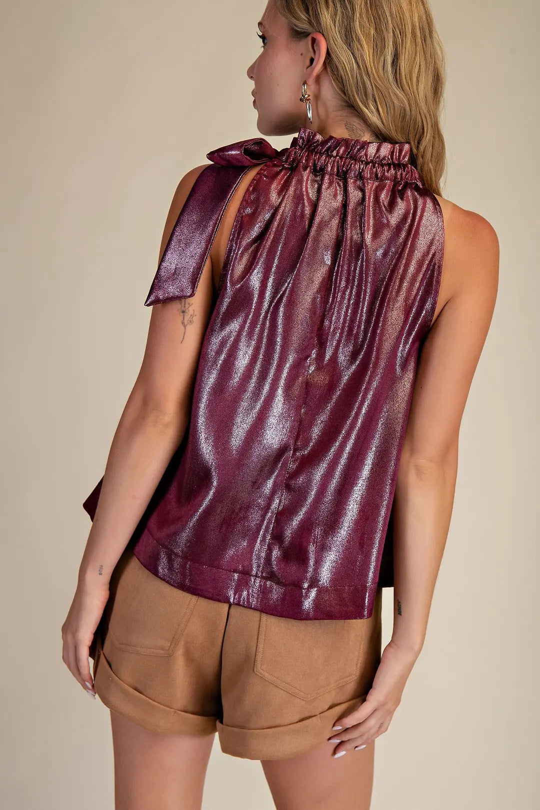 Ruffle Neck Tie Sleeveless Top