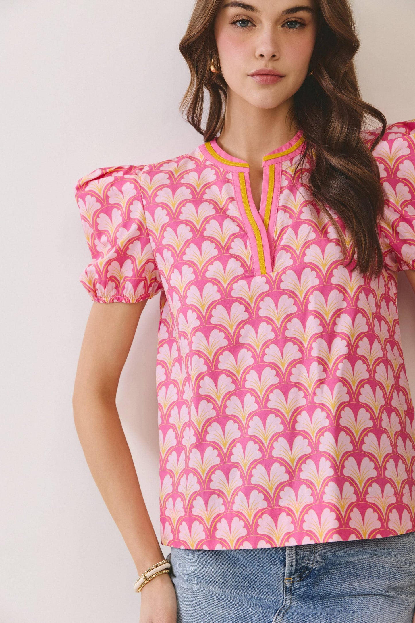 Geometric Print Puff Sleeve Top