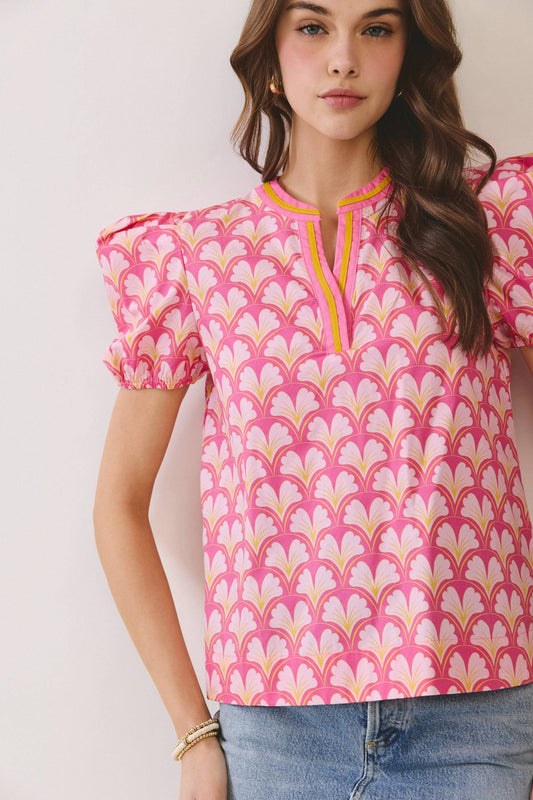 Geometric Print Puff Sleeve Top