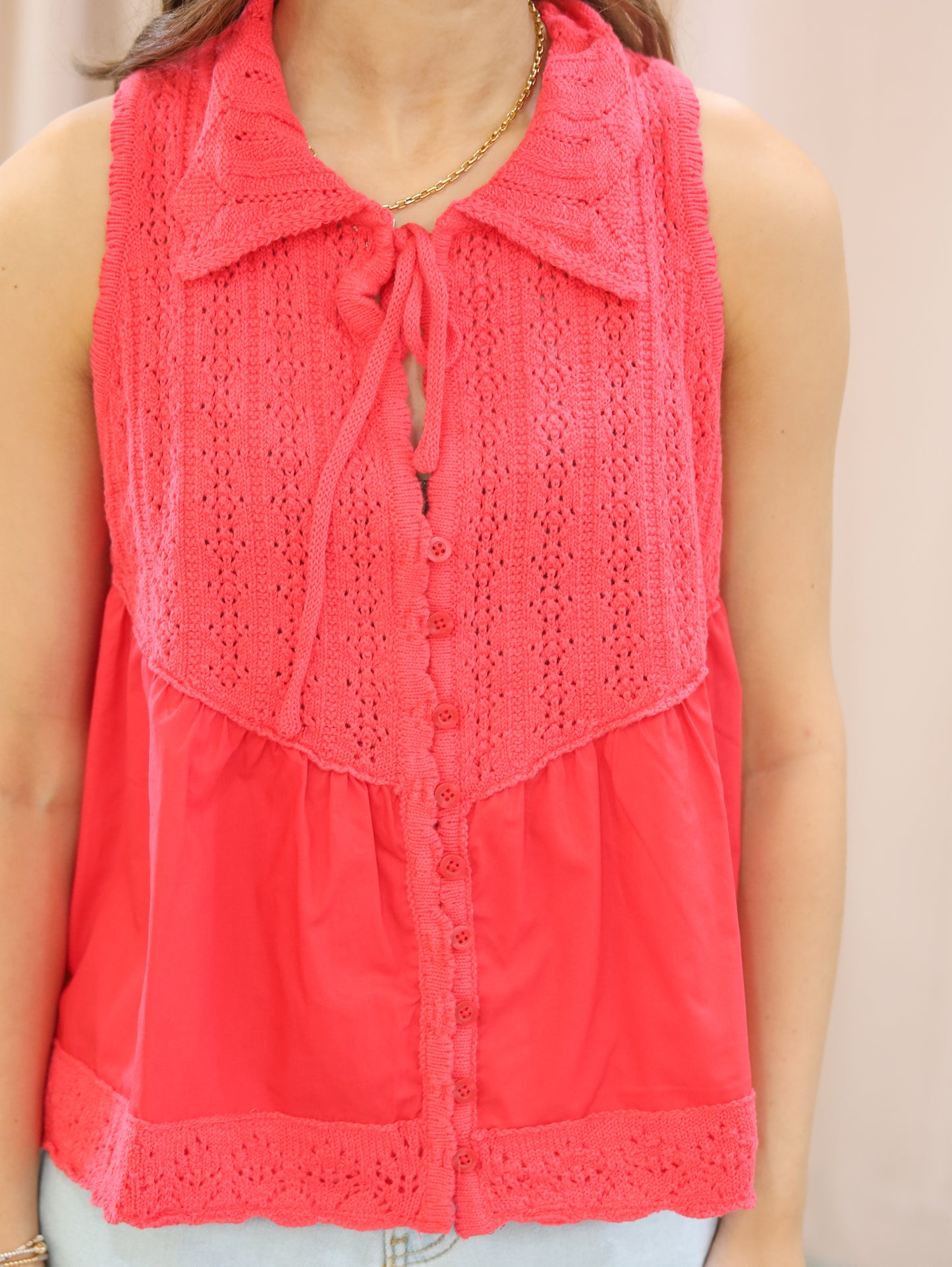 Lennon Collared Mixed Media Sleeveless Top