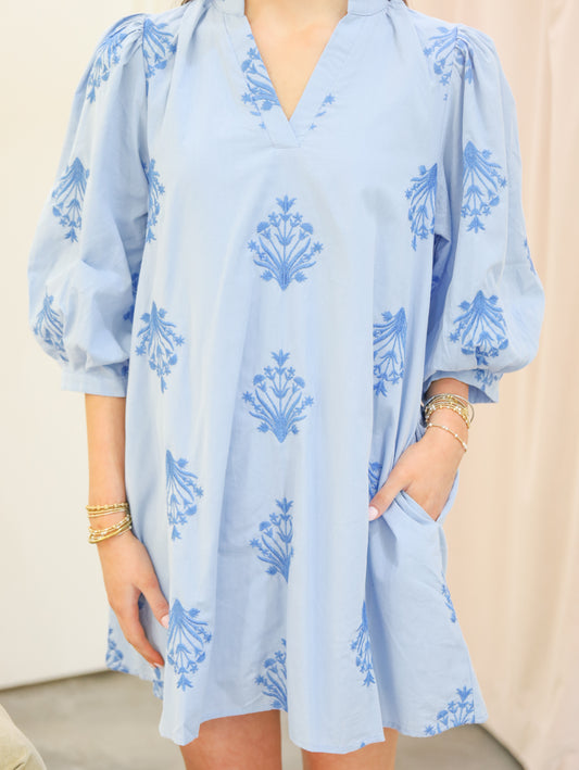 Gabriella Embroidered 3/4 Sleeve Mini Dress