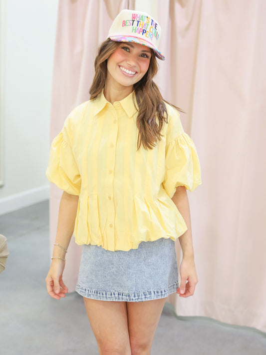Lola Pleated Puff Sleeve Bubble Hem Top