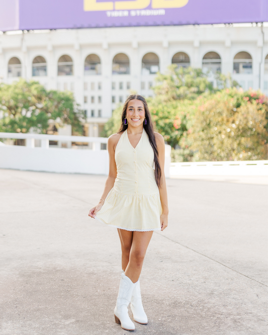 Checker Print Halter Tie Mini Dress