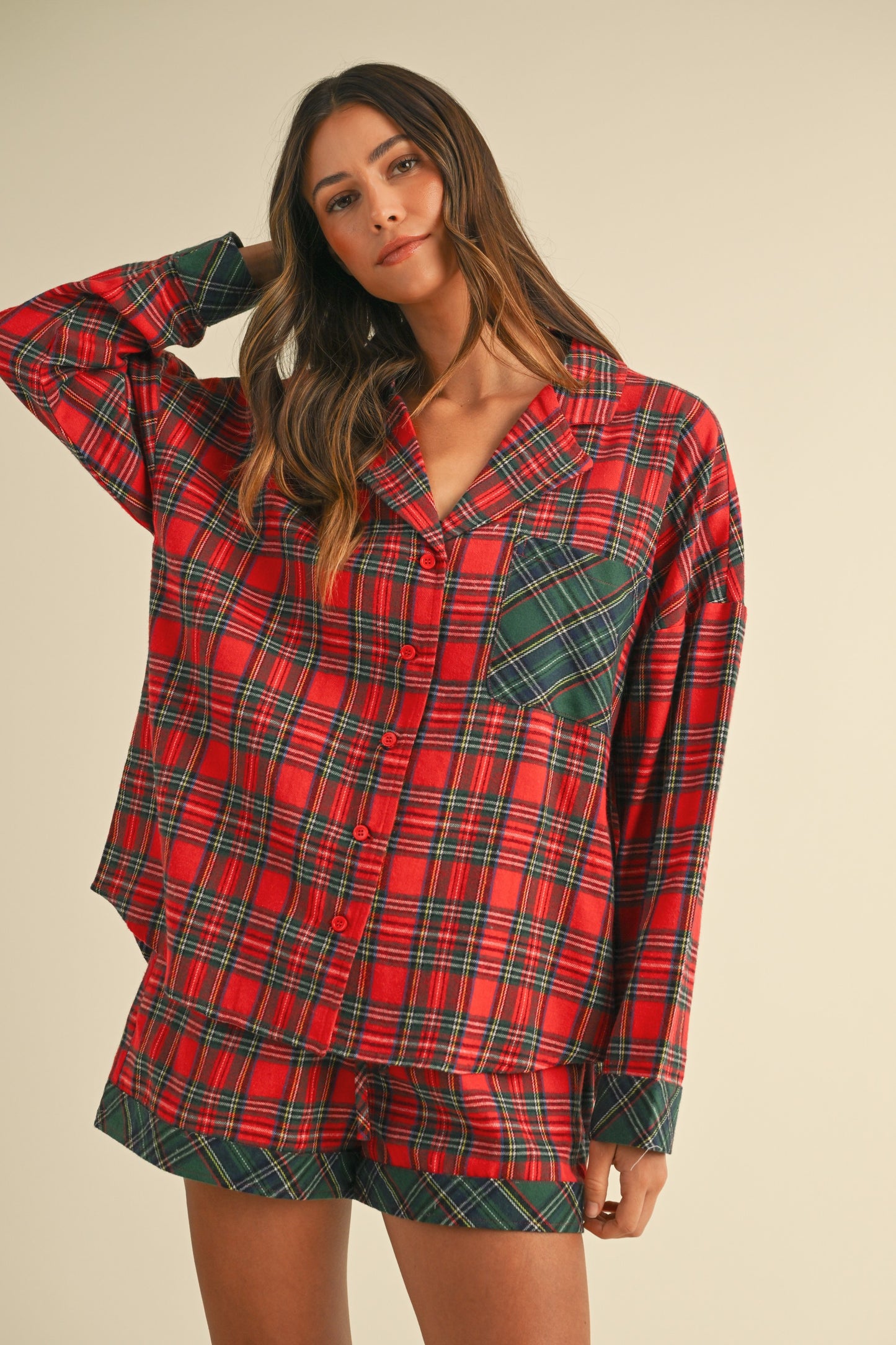 Plaid Long Sleeve Top & Short PJ Set