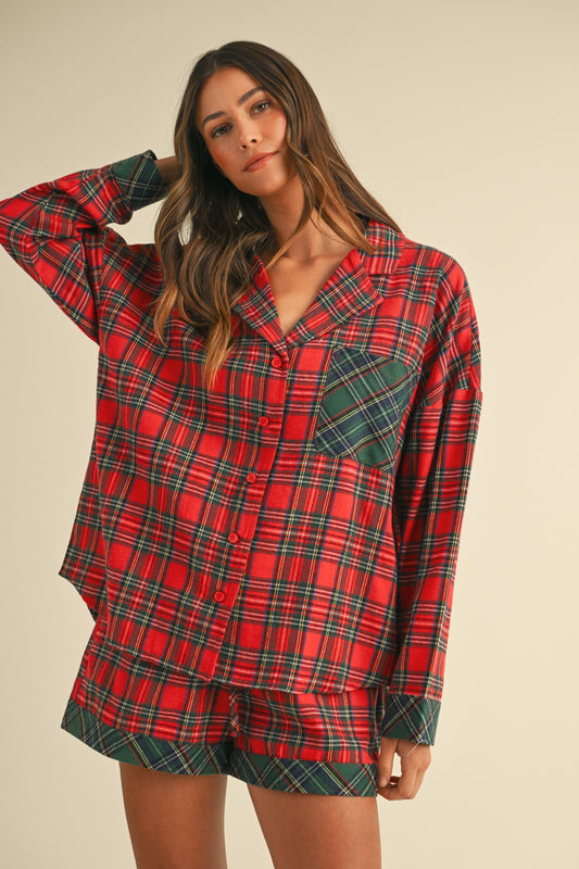 Plaid Long Sleeve Top & Short PJ Set