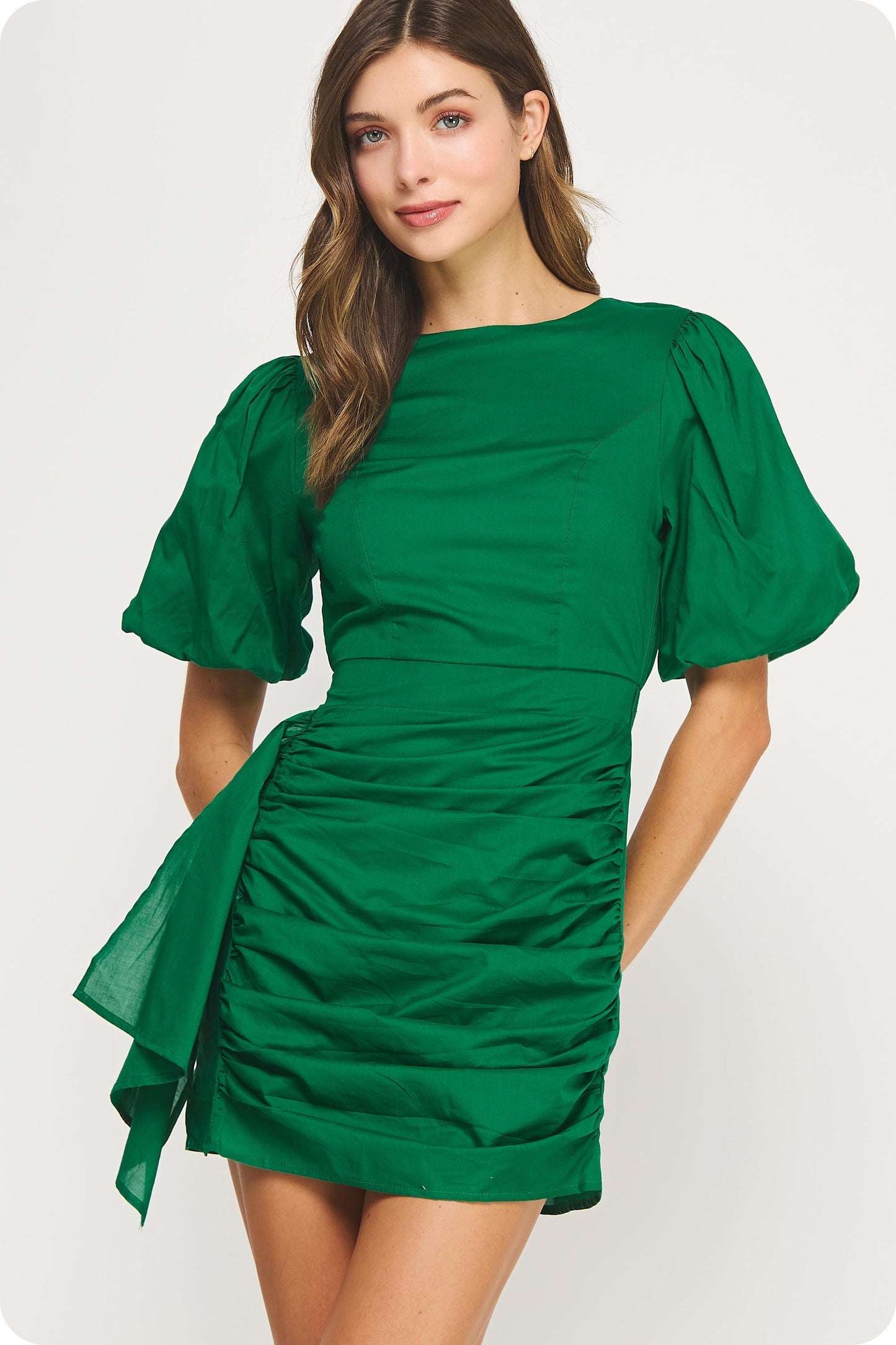 Ruched Short Puff Sleeve Voile Mini Dress