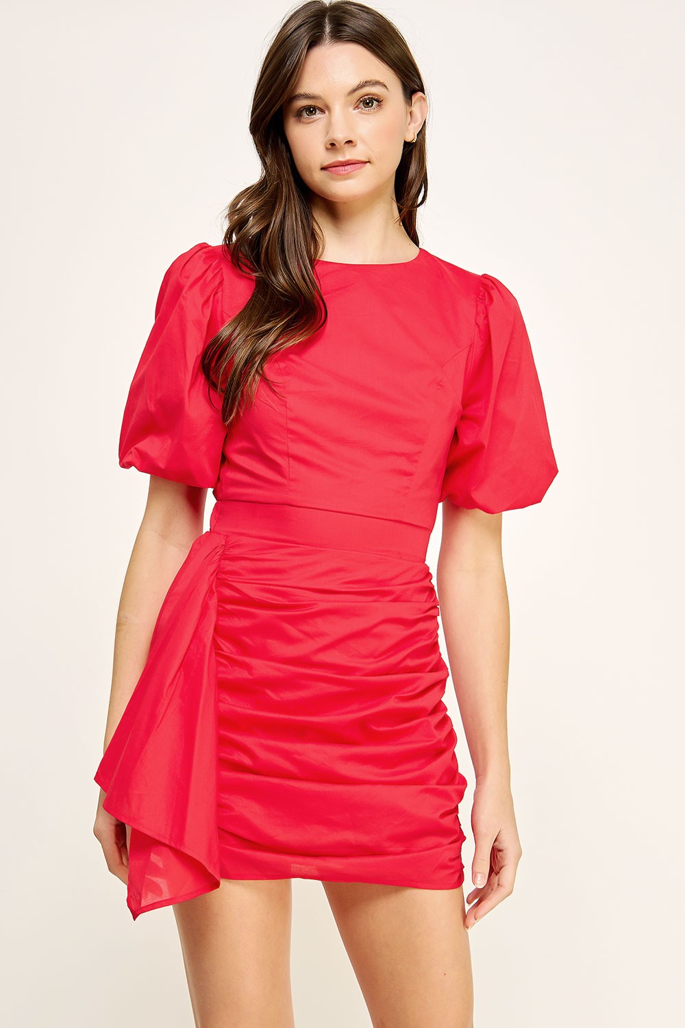 Ruched Short Puff Sleeve Voile Mini Dress