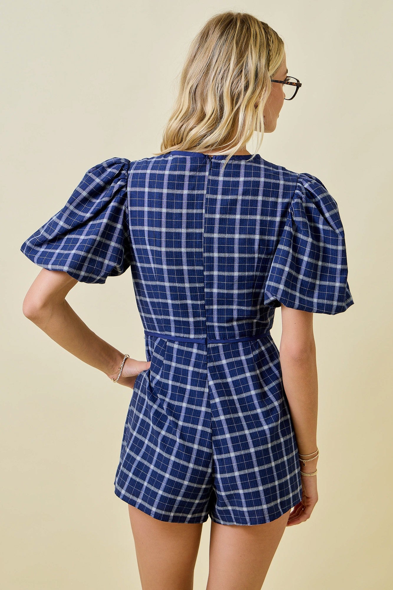 Plaid Puff Sleeve Romper