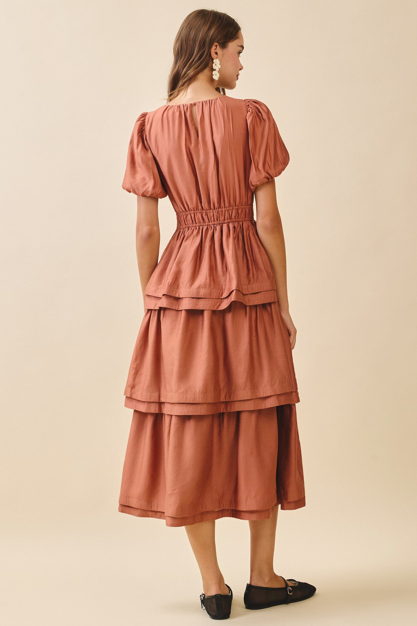 Smocked Waist Tier Skirt Gather Bodice Midi Dress