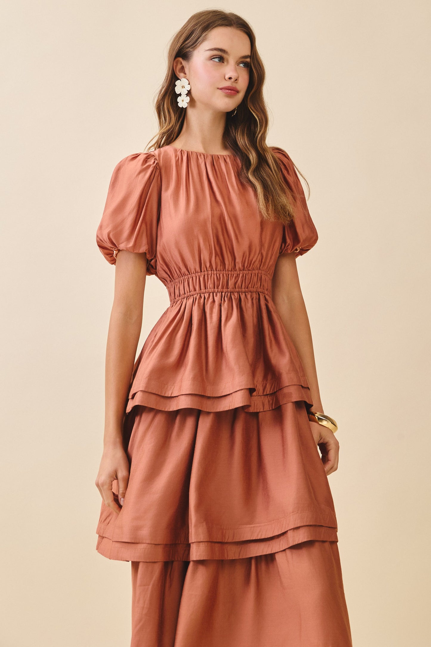 Smocked Waist Tier Skirt Gather Bodice Midi Dress