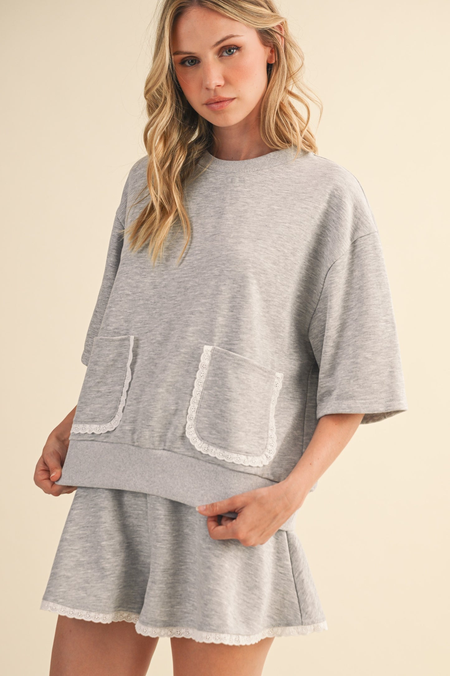 Eyelet Lace Detail Short Sleeve Top And Shorts Set