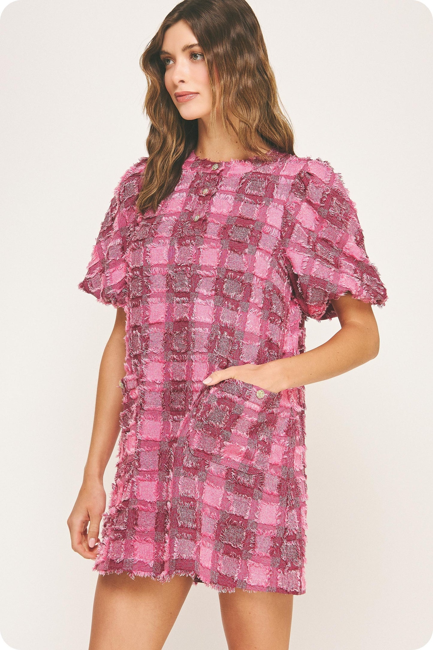 Short Sleeve Plaid Fringe Dress