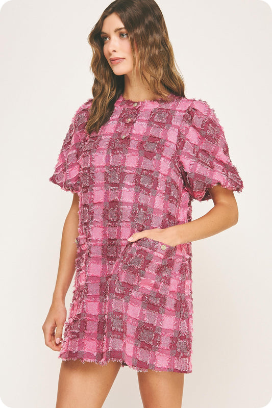 Short Sleeve Plaid Fringe Dress