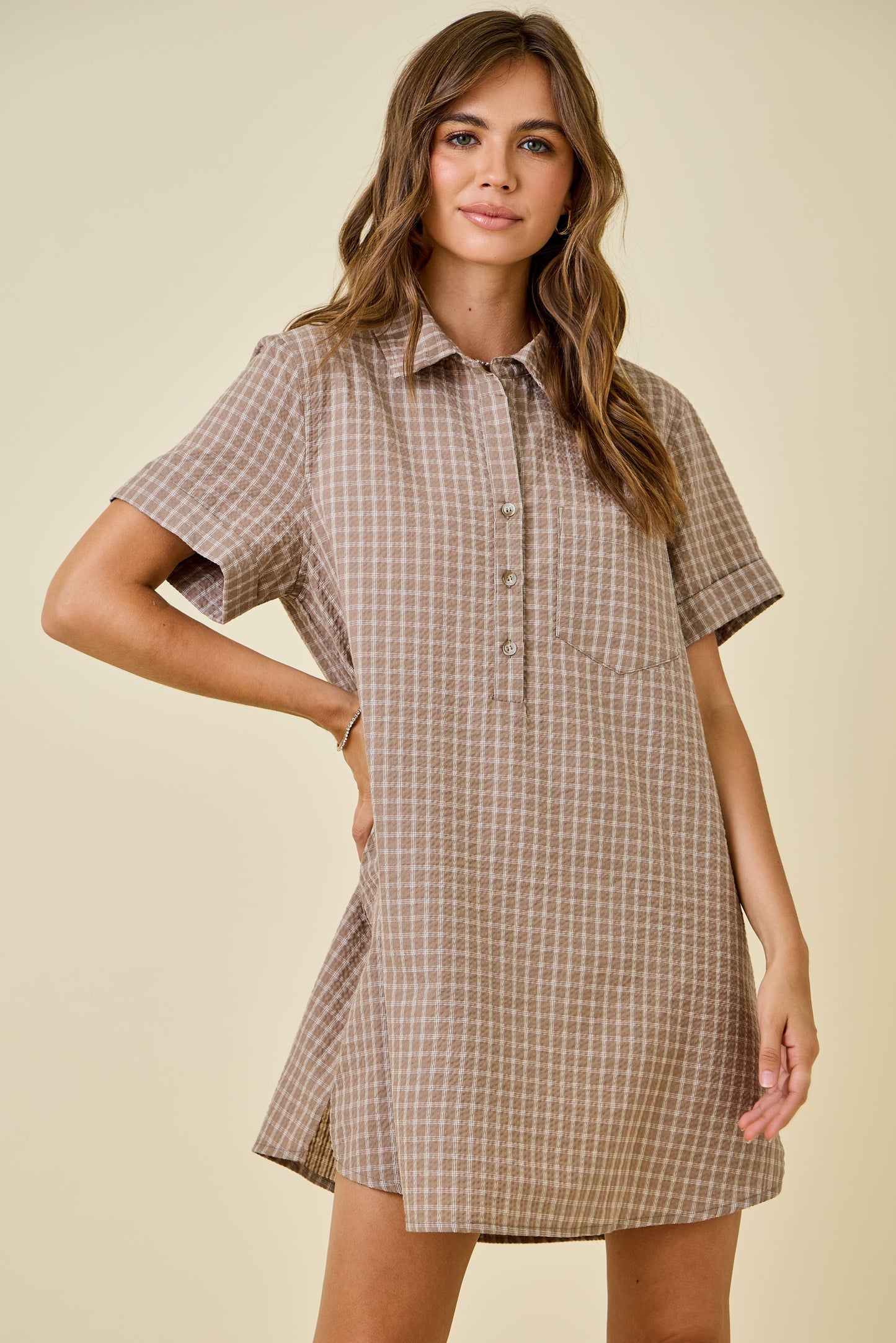 Short Sleeve Plaid Seersucker Dress