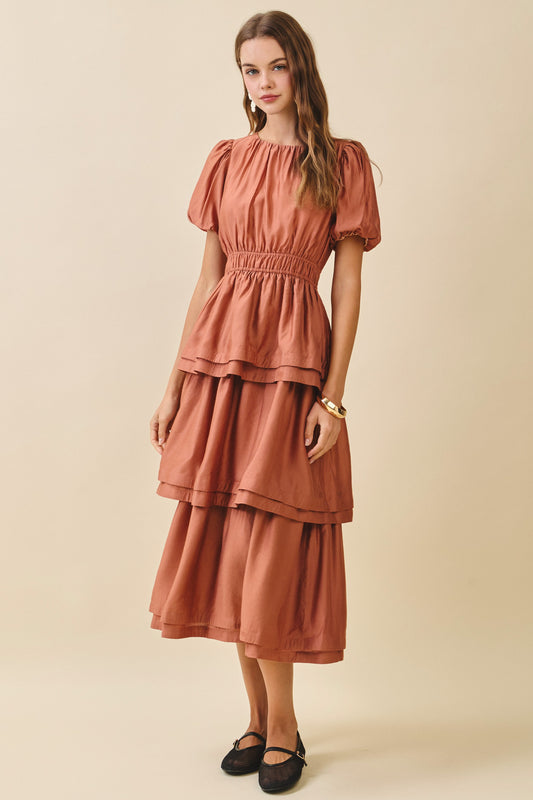 Smocked Waist Tier Skirt Gather Bodice Midi Dress