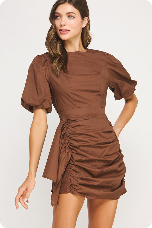 Ruched Short Puff Sleeve Voile Mini Dress