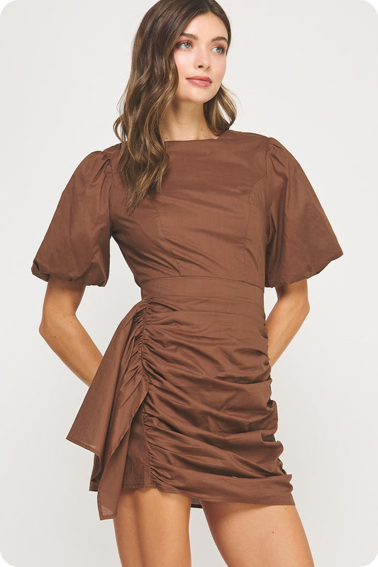 Ruched Short Puff Sleeve Voile Mini Dress